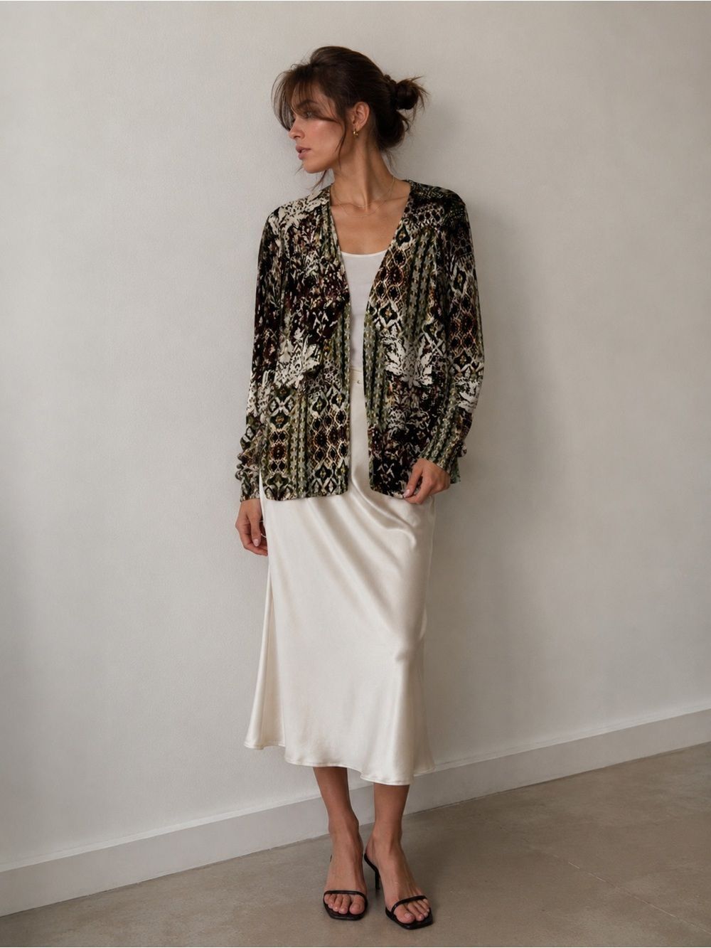 Chico’s Women’s Bohemian Open Front Printed Scroll Cardigan Sweater Size L/12